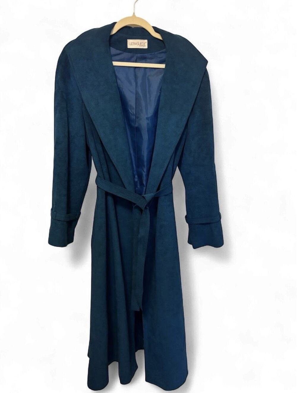 Vtg Count Romi Ultrasuede Trench Duster Coat Womens 14 Teal Blue Belted Luxury